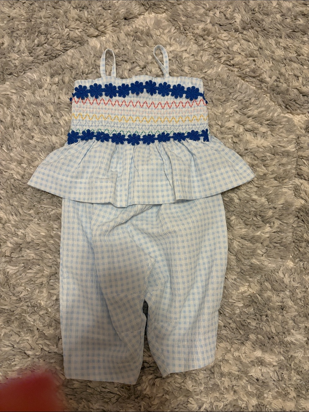 Old Navy Light Blue Gingham Smocked Peplum Romper with Navy Floral Trim